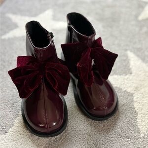 Zara Girls Burgundy Patent Boots with Velvet Bows